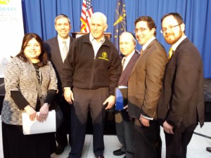 Governor Mike Pence with part of the South Bend delegation. L-R: Mrs. Samara Gold, Yehuda Seligson, Gov. Mike Pence, Mike Lerman, Avromi Klor, and Rabbi A.D Motzen