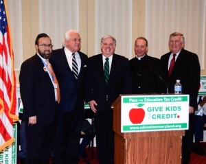 At the School Advocacy Rally (left-right): Rabbi Sadwin; Senate President Mike Miller; Governor Larry Hogan; Archbishop of Baltimore, William Lori; Senator Ed DeGrange