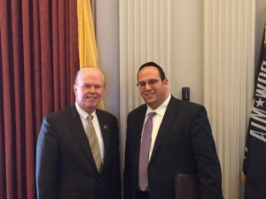 Assemblyman Patrick Diegnan (D-18), Chairman of the Assembly Education Committee and Rabbi Avi Schnall, Agudath Israel's NJ director