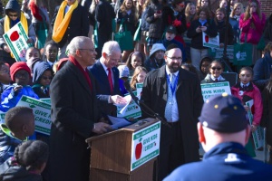 Lt. Governor Boyd Rutherford addresses 700 students and teachers at the annual nonpublic school advocacy rally with Rabbi Sadwin and Jim Sellinger, chancellor of the Archdiocese of Baltimore looking on.