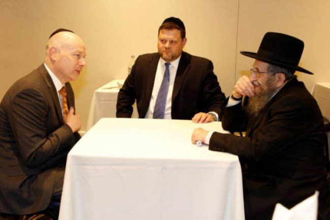 Jason Dov Greenblatt (executive vice president and chief legal officer of The Trump Organization and co-chair of Donald Trump's Israel Advisory Committee), meeting with Rabbi Shmuel Kamenetsky (member of Agudath Israel's Council of Torah Sages), and Mr. Chaskel Bennett (member of the board of trustees, Agudath Israel of America) 