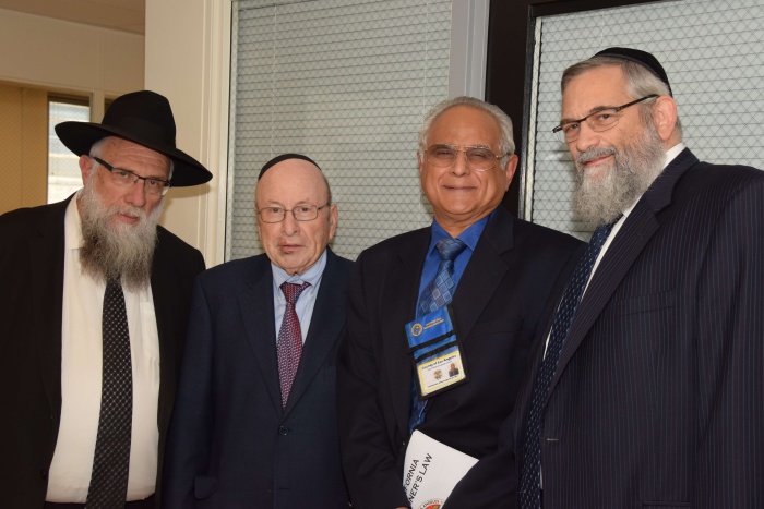 L to R:  Rabbi Goldenberg, Stanley Treitel,  Dr. Sathyavagiswaran, Dr. Lebovics. Dr.Sathyavagiswaran is the Los Angeles County Chief Medical Examiner
