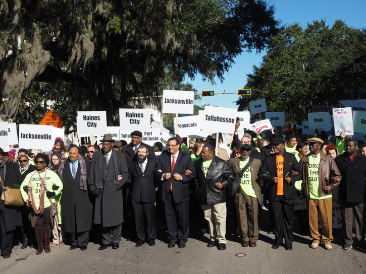 Martin Luther King III, Reverend R.B. Holmes, Rabbi Moshe Matz (Agudath Israel), Julio Fuentes (Hispanic CROEO), leading 11,000 students and families at the historic school choice rally in Tallahassee, Florida, one year ago.