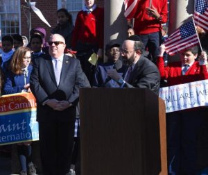 Rabbi Ariel Sadwin introducing Maryland Governor Larry Hogan at a recent rally in Annapolis